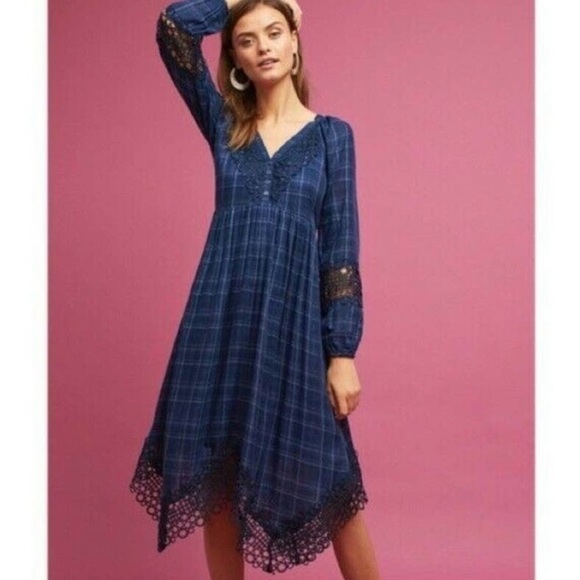 Anthropologie Dresses & Skirts - Anthropologie Akemi + Kin Blue Plaid Floral Cutout Midi Dress